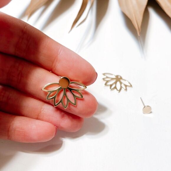 Gold lotus stud earrings S391 - Picture 4 of 4